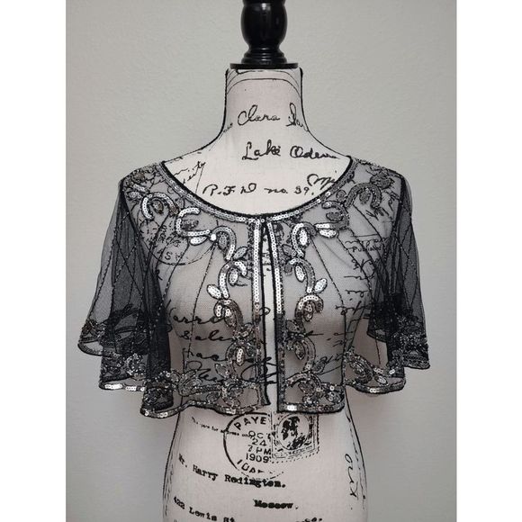 ✨ Sequin Mesh Evening Party Retro Flapper 1920s Shawl Wrap Cover Up Cape NEW - Picture 7 of 12
